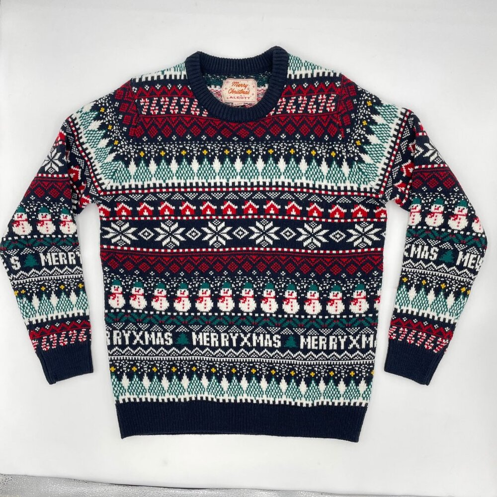 Alcott Christmas Sweater Men Sz XL Striped Snowman Trees Merry Xmas Acrylic Wool